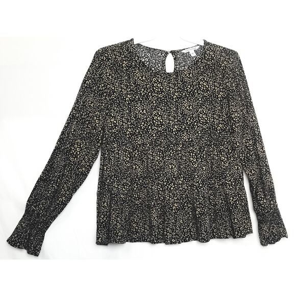 NWOTs-PopSugar Woman's Brown Black Tiered Top Round Neck Long Smocked Slvs Sz M - Picture 1 of 9